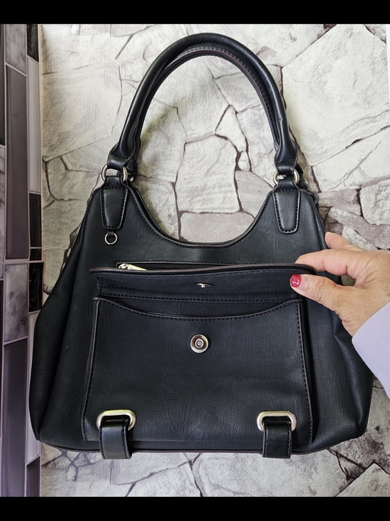 Ricardo Beverly Hills Handbags - Classic Black Shoulder Tote with Front Zip and Snap Pocket